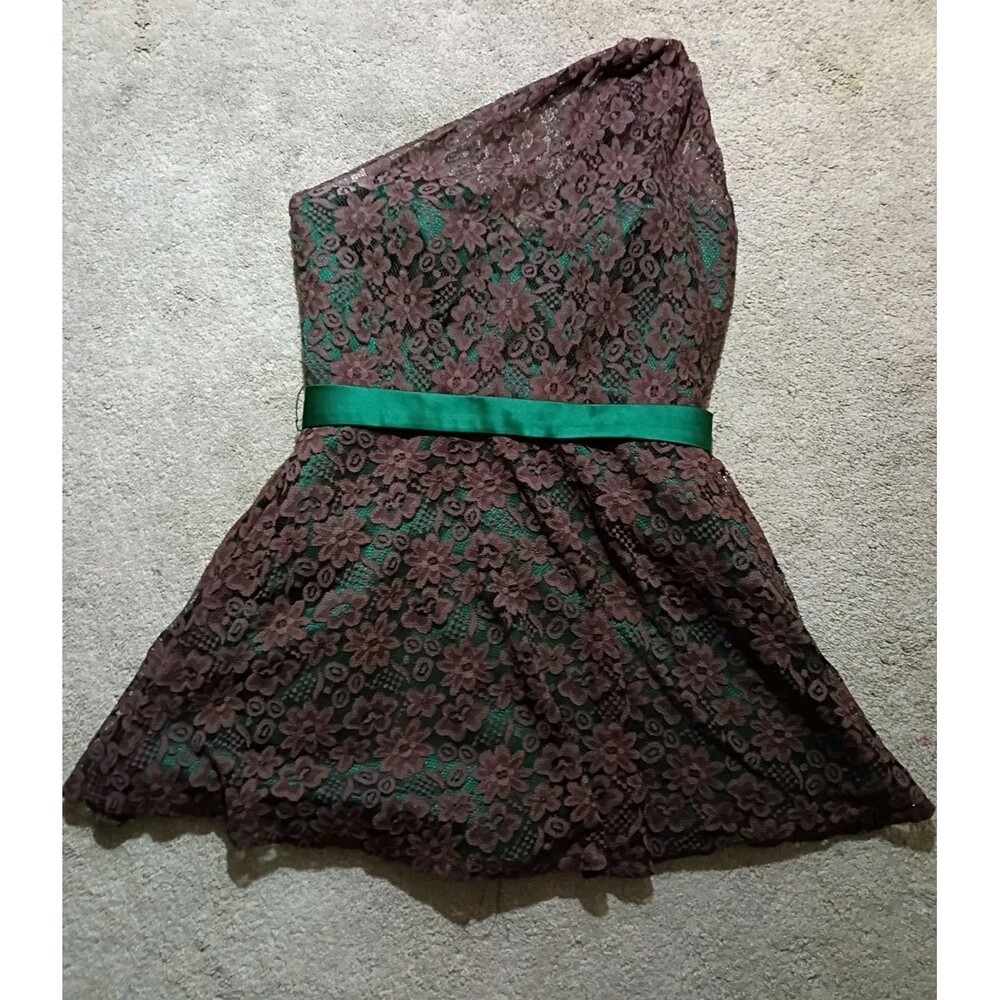 Y2K Christina Wu Brown Green One Shoulder Lace Cocktail Gown Prom Dress Size 12